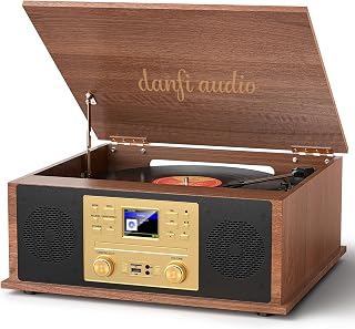 10 in 1 Record Player Multimedia with Speakers, CD Player, Bluetooth Receiver, Internet Radio, USB Recording, 3-Speed Turntable, Alarm Clock, Sleep Timer, RCA Line Out,Walnut Wood Music Center