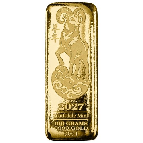 100 gram Gold Bar - 2027 Year of the Goat 3.2150 oz .9999 Gold Bullion Bar #A772