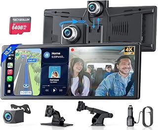 10.3" Portable CarPlay Screen for Car with Rotatable 4K Dash Cam | Wireless Apple CarPlay & Android Auto/ Waterproof 1080P Backup Camera/ 64GB Card/ GPS Navigation/ Voice Control/ Mirror Link