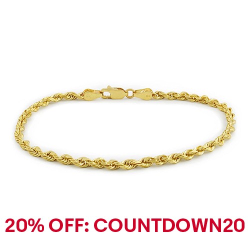 10k Yellow Gold 8" Mens Solid Diamond Cut Rope Chain Bracelet 3mm 4.4 Grams