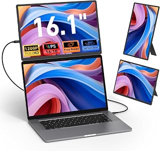 16'' Laptop Screen Extender, 360° Rotating Detachable Stand/VESA Support, FHD 1200P IPS Portable Monitor, Plug & Play with HDMI/USB-A/Type-C, Compatible Win/Mac/Android