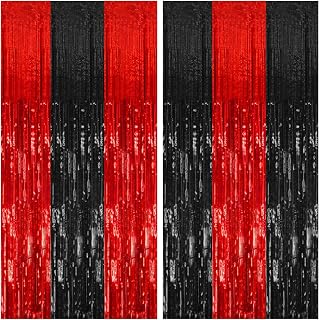 2 Pack Black and Red Backdrop Party Decorations Tinsel Curtain Halloween Party Streamer Foil Fringe Birthday Decorations Photo Booth Fancy Ball Christmas New Year Graduation Party Decor Decor
