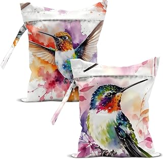 2 Pcs Watercolor Hummingbird Print Wet Bag Reusable Waterproof Zipper Pouch
