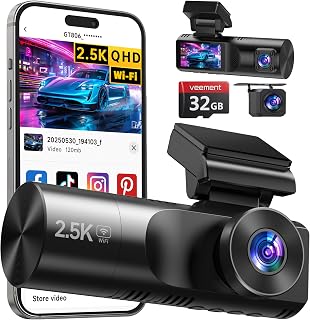 3 Channel Dash Cam Front and Rear, 2.5K Dash Camera for Cars with 64GB Card