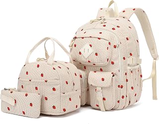 3Pcs Corduroy School Backpack for Girls, Kids Teens Large Capacity School Bag Bookbags Set Casual Daypack Fits 15.6 inch Laptop with Lunch Box and Pencil Case (Corduroy Strawberry Beige)
