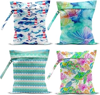 4-Pack Wet Dry Bag Travel Storage Organizers Reusable Pouch Crab Coral Marine Print for Beach Gym Swimming Vacation Laundry Accessories Organization Hanging Handle 10.21×12.51 Inches