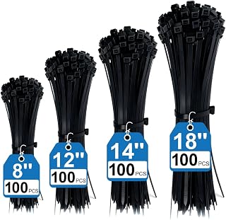 400 Pack Black Zip Ties Assorted Sizes 8+12+14+18 Inch, Heavy Duty 100lbs Self-Locking Electrical Cable Ties, UV Resistant Wire Ties for Indoor and Outdoor Use