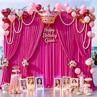 40x8ft Hot Pink Photo Backdrop Curtains for Parties Fuchsia Wrinkle Free Polyester Photoshoot Curtains Drapes Backdrop for Birthday Baby Shower Graduation Photography Background 8 Panels 5x8FT