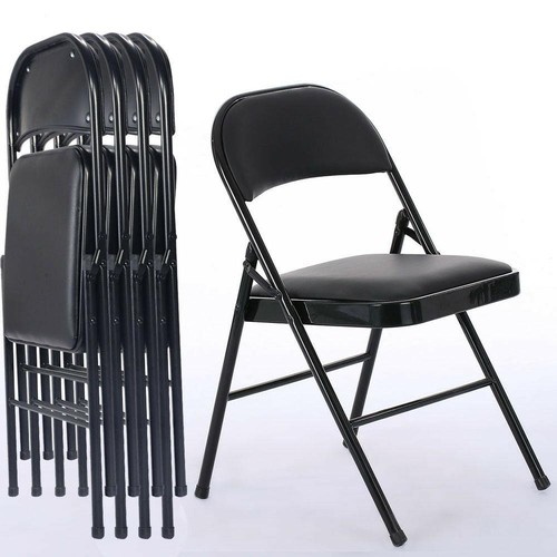 4Pcs Black Folding Chairs Fabric Upholstered Padded Seat Metal Frame Home Office