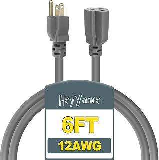 6 Ft Heavy Duty Outdoor Extension Cord Waterproof - 12/3 SJTW 15A 1875W Gray Extension Cable with 3 Prong Grounded Plug, Waterproof Electric Cable for Lawn, Garden, Appliances, ETL Listed