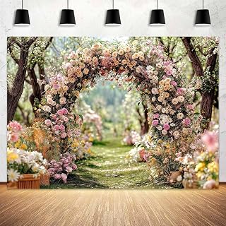 7X5ft Enchanted Forest Photography Backdrop, Spring Flower Fairy Garden Woodland Tale Green Flower Background for Photoshoot Kids Girl Tea Birthday Party Decoration Photo Booth Studio Props