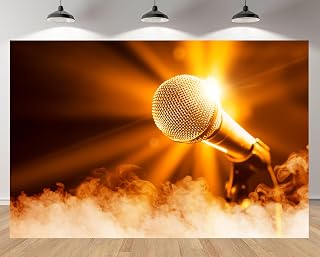 7x5ft Golden Microphone Backdrop with Smoke & Radiant Light Elements Stage Background for Karaoke Night Music Party Concert Decor Photo Studio Booth Props Banner Wallpapers