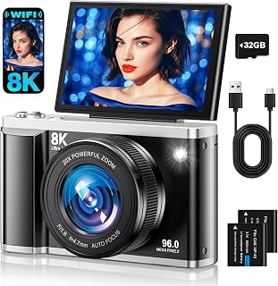 8K Digital Camera for Photography with WiFi 96MP Autofocus Vlogging Camera for YouTube Video 3.5'' 180°Flip Screen 20X Zoom Anti-Shake Compact Point and Shoot Cameras for Beginner Creator with SD Card