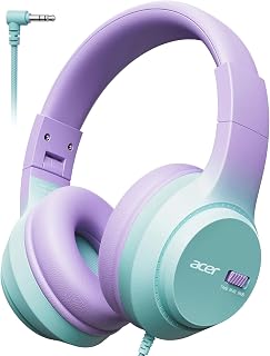 Acer Kids Headphones, 74/85/94dB Volume Limiter, Foldable Wired Over Ear Headphones for Travel, 3.5mm Jack, Toddler Headphones for School, iPad, Chromebook, Tablet, Purple Green