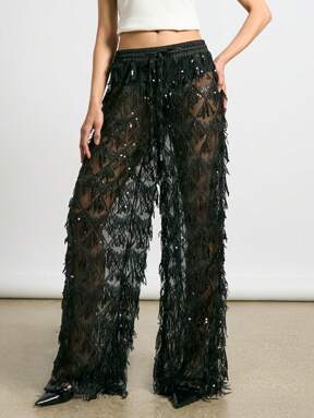 AiiRZ Sheer Sequin Embellished Wide Leg Pants With Elastic Drawstring Waist Party Festival Evening Wear Special Occasion Fringe Detailing 23% OFF