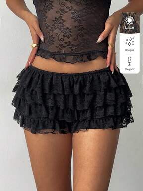 Aloruh Women's Summer New Halloween Black Punk Rock Laced Sexy Bohemian Music Festival YK Lace Tiered Ruffle Super Short Ultra Low Waist Shorts Party $11.49 #StepIntoSpotlight