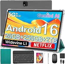 Android 16 Tablet with Keyboard - 10 Inch Electronic Tablets, Silver Case | 26GB RAM, 256GB ROM, Gemini AI, 8000mAh Battery, 8-Core, Dual Camera, 5G WiFi, Tablet with Case/Mouse/Stylus