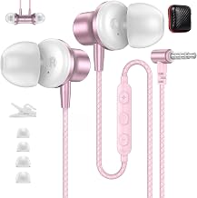 ASKUBSKU 3.5mm Headphones 5.9 ft Long Cord Wired Earbuds with Mic Rose Gold