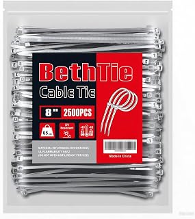 BethTie 8 Inch Silver Zip Ties (2500 Pack), 65 LBS Tensile Strength, Self-Locking Nylon PA66 UV Resistant Cable Ties for Indoor and Outdoor Use