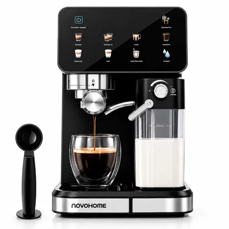Cafetera Espresso Digital Automatica Novohome 1.5 Litros 20 Bar Display Tactil A Color 7 Tipos de Café Con Espumador Vaporizador De Leche Calentador de Tazas