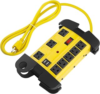 CCCEI Heavy Duty Surge Protector Power Strip with USB. Black, 12ft, 1. | Extension Cord with Multiple Outlets, Metal Port Extender, Grounding, Wide Spaced, 8 AC, for Appliance, Garage. ETL Listed.