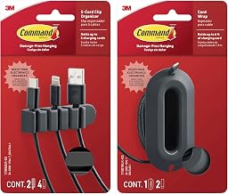 Command 5-Cord Clip Organizer and Wrap Bundle, 2 Clips, 1 Wrap and 6 Medium Strips, Black, Great for Damage-Free Electronics Organization Under Desk or Wall Mount