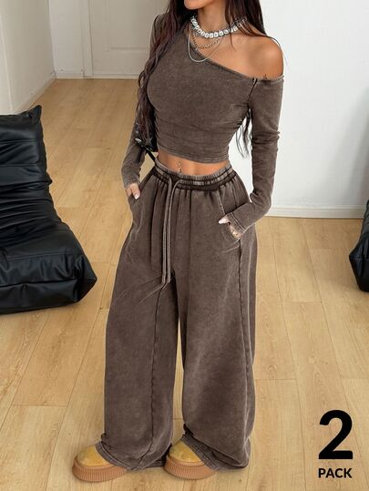 Coolane Autumn Outfit For Women Daily Wear Essentials Knit Stretchy Comfy Asymmetrical Neck Long Sleeve Tops And Wide Leg Sweatpants Tracksuipcs $29.94