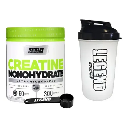 Creatina Monohidratada Star Nutrition de 300g con Vaso y Scoop Legend