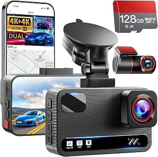 Dash Cam Front and Rear, 4K+4K Dual Dash Camera for Cars, Free 128GB Card | 5.8GHz WiFi 20MB/s Fast Download and App Control, GPS Tracking, HDR Night Vision, 170°Wide Angle, 24H Parking Mode