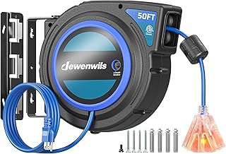 DEWENWILS 50 FT Electric Cord Reel with Twist-lock Stopper, ETL Listed,Blue | 14/3C SJTOW, Lighted Triple Tap Outlet, 180° Swivel Bracket, 13A Circuit Breaker, Ceiling/Wall Mount for Garage, Workshop