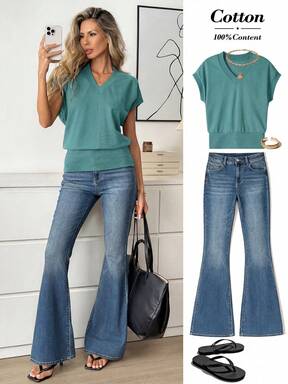 Easowa Women's Solid Color V-Neck Waist-Cinching Simple Casual Versatile Everyday Office Home T-Shirt Teal Green Summer Travel Flash Sale