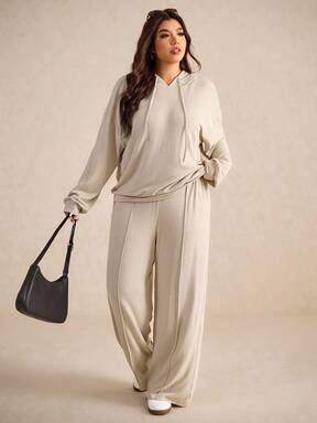Elaquor Plus Size Solid Color Minimalist Casual Hoodie Long Sleeve Top And Pants Pieces Set Fall $10.84 #LaidbackHoodies