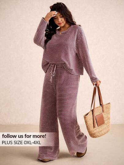 Elaquor Plus Size Women Crew Neck Drop Shoulder Long Sleeve Burgundy Loose Top Pants Pieces Lounge Sets Autumn Smart Casual Traditional Vacation Fall $7.49
