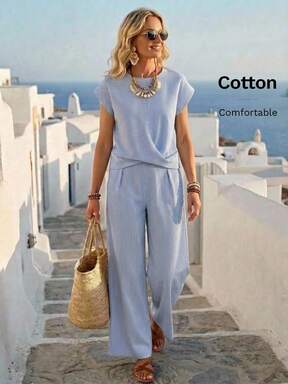 Faunlyn Women's Round Neck Cotton And Linen Light Blue And Top And Trousers Casual Tropical Everyday Vacation Two-Piece Set Summer Vacation Vacation #SummerElegant
