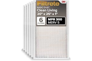 Filtrete 20x25x1 Air Filter, MERV 5, MPR 300, 6 HVAC Filters | Basic Dust & Lint, 3-Month AC/Furnace Filters, Cleaner Air, Reliable Airflow, (Act. Size 19.69x24.69x0.81 in)