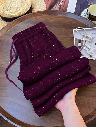 Franclia Women Plum Autumn Casual Glitter Sweatpants Drawstring Elastic Waist Loose Trousers Daily Wear Lounge