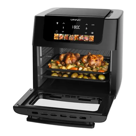 Freidora De Aire Unnic Horno Air Fryer 16 Litros Grande Pantalla Digital 8 Programas Preestablecidos Dos Bandejas Multinivel Pollo Spiedo Cocina Saludable Cocción Simultánea Hogar Familia Color Negro