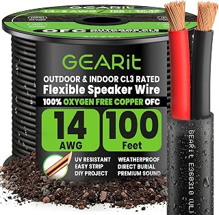 GEARit Outdoor Speaker Wire 14 Gauge OFC,UL CL3 in Wall Speaker Cable 100FT | 14 Gauge Speaker Wire with Foot Markers,Polarity Marked,14 AWG Copper Wires for Car,Garden,Commercial(OFC,Black,2 Conductors)
