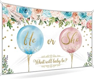 Gender Reveal Backdrop Banner Size 5x3 Ft What Will Baby Be?He or She Pink Blue Balloon Floral Design Durable Polyester Photo Booth Background for Gender Reveal Party Decorations Supplies