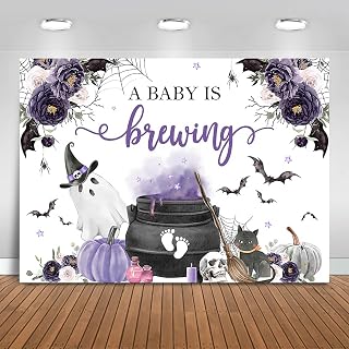 Halloween Baby Shower Backdrop 7x5ft A Baby is Brewing Baby Shower Background Party Decorations Purple Floral Bats Banner Photo Booth Props