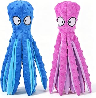 HGB Squeaky Dog Toys No Stuffing Octopus Crinkle for Large Medium Small Dog | 2 Pack Tough Plush Chew Toys for Chewers Puppy Teething, Interactive Tug of War & Keep Them Busy, Birthday Gift