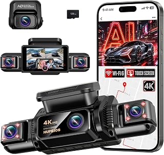 HUPEJOS 4K 360° View Dash Cam Front and Rear, 4 Channel Camera for Cars | Free 128GB Card, AI Driver Monitor System DMS, 5.8G WiFi up to 20MB/s GPS, Night Vision 3.0, Touchscreen, 24H Parking Mode V9