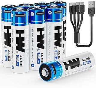 HW Double A Lithium Batteries Rechargeable 8-Pack, 1.5V 3600mWh USB-C