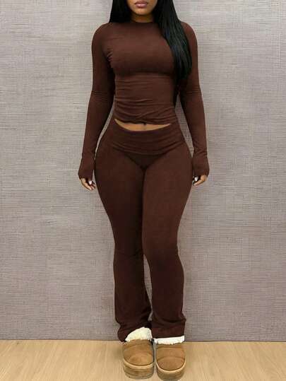 INAWLY Solva Women's Solid Color Long Sleeve T-Shirt And Flare Pants Casual Pieces Set $17.59