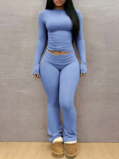 INAWLY Solva Women's Solid Color Pleated Long Sleeve Top And Leggings Casual Daily Pieces Set $14.79