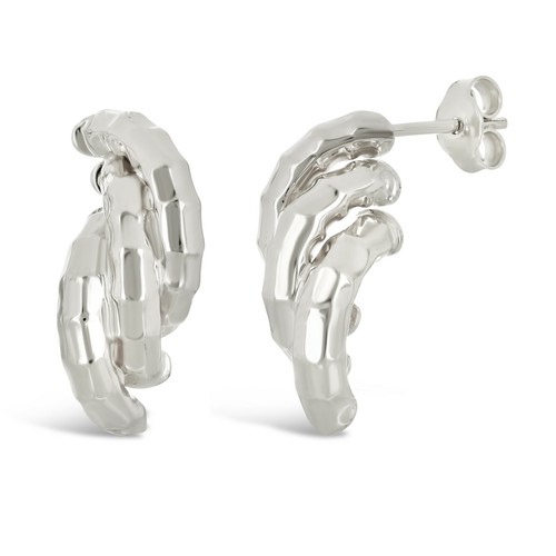 Italian 14k White Gold Triple Macaroni Link Bamboo Textured Drop Stud Earrings