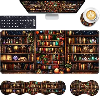 Keyboard Wrist Rest and Mouse Pad with Wrist Support Set Ergonomic Coaster,Memory Foam,Easy Typing Pain Relief,Large XL Desk Mat 31.5"x 11.8",Library Bookshelf