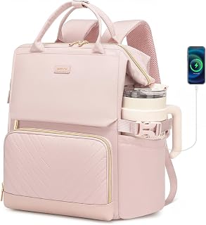 Large Bookbag for Women Laptop Backpack, Teacher Nurse Work Computer Bags with Cup Holder & USB Charger for Travel, School Bag College Back Pack for Girls, Beige Pink