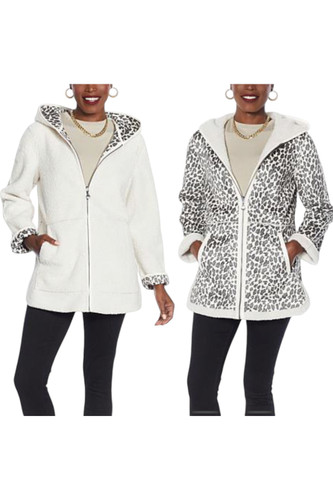 Laurier Women's Faux Shearling 30″ Zip Parka Leopard