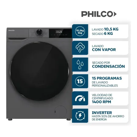 Lavasecarropas Inverter Philco 10.5/6 Kg Dark Grey 1400 RPM